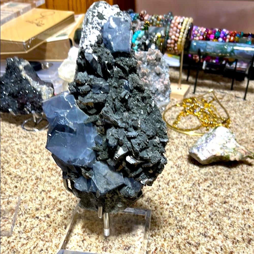Unique Blue Fluorite,pyrite Smokey Quartz Specimen